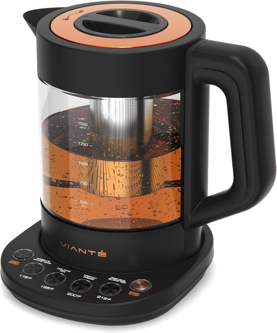 Viant Electric Kettle With Infuser For Loose Leaf. Hot Tea Maker With Temperature Control And Automatic Shut Off. Tea Kettle With Brewing Programs. 1.5 Liters Capacity | Black Color