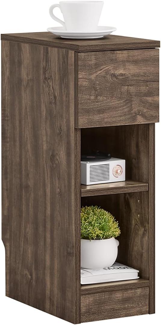 SoBuy Narrow Nightstand Slim Bedside Table with Drawer and Open Shelf, Skinny Modern Nightstand for Bedroom, Compact Side Table for Tight Corners and Small Spaces, Brown FBT111-SN