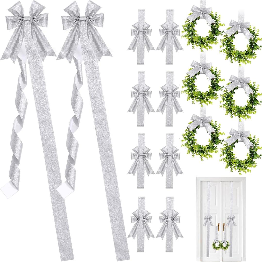 Yinkin 16 Pcs Christmas Door Cabinet Bows with Wreaths Set 10 Large Cabinet Bows 6 Mini Hanging Garlands Front Christmas Door Decorations Xmas Hanging Ornaments for Party Supplies(Silver)