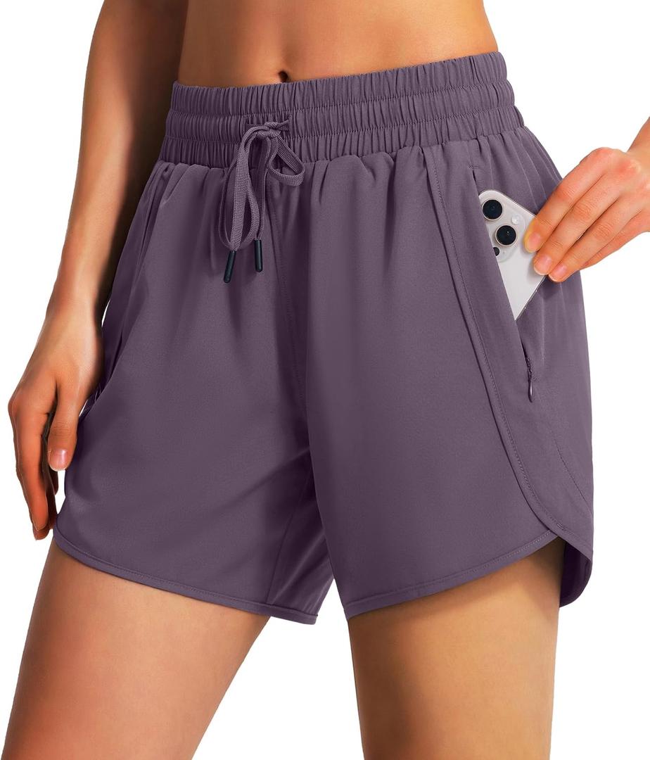 Ksmien Women's 5"/ 7" Athletic Running Shorts Quick Dry Lightweight Workout Gym Shorts with Zipper Pockets UPF 50+ Grey Purple XL