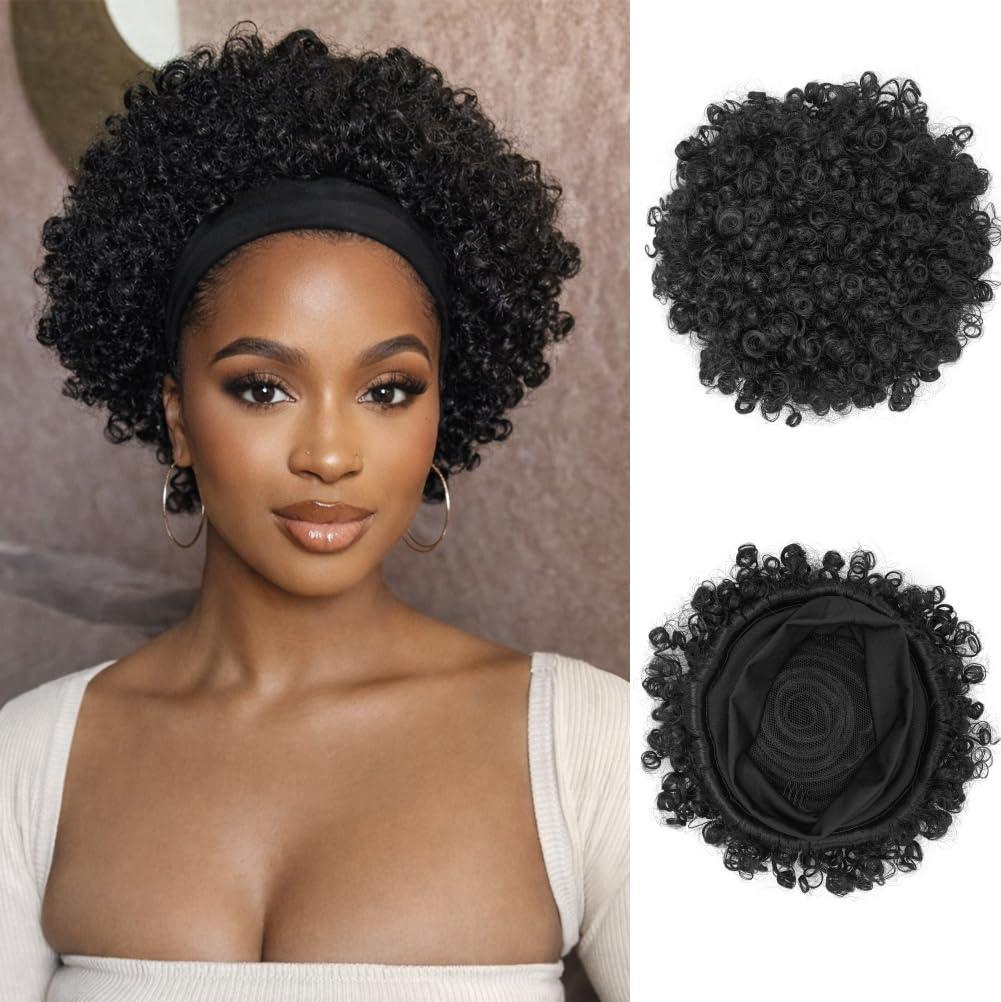Afro Headband Wig Black Short Afro Kinky Curly Wigs for Black Women Glueless Afro Wigs with headbands attached Synthetic with 2 Clips(1b)