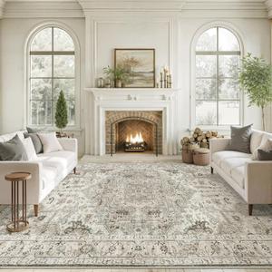 Area Rugs for Living Room Washable Non Slip Vintage Rug for Bedroom Large Stain Resistant Neutral Farmhouse Indoor Floor Carpet Dining Room Home Office Decor (Brown/Ivory,8'x10')