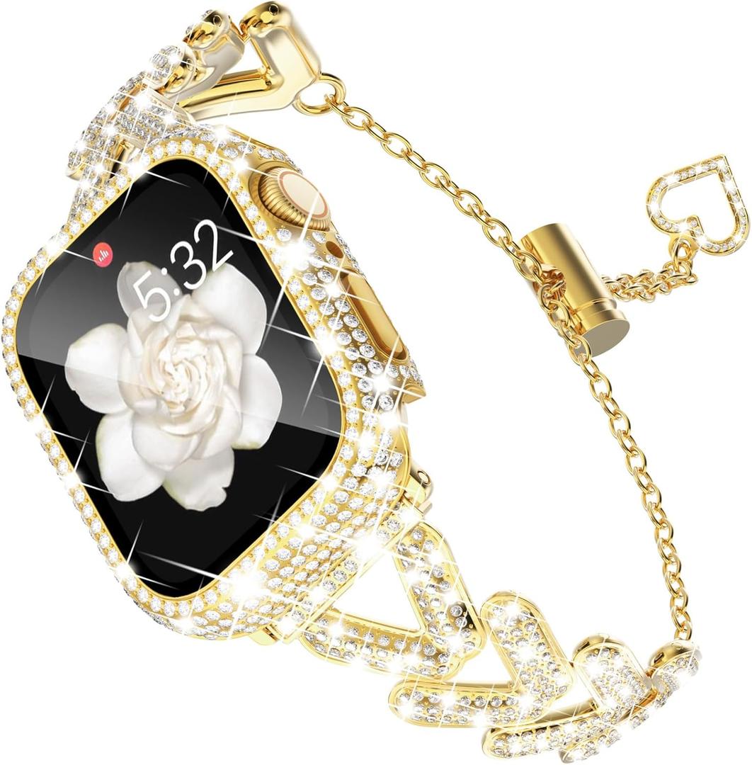 KADES Band & Case Designed for Apple Watch Series 46mm 45mm 44mm 42mm 41mm 40mm 38mm for Women, Metal Strap with Bling Rhinestone Screen Protector Cover for iWatch 10 9 8 7 6 5 4 SE SE2 3 2 1