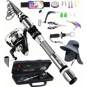 BNTTEAM Portable Fishing Spinning Rod and Reel Combo Set Carbon Fiber Fluorescent Rod Tip, with Fishing Lures Line Carrier Bag Kits for Travel Surf (Sliver-1, 2.0M/ 82.6in/ 6.88ft)