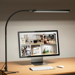 SKYLEO Led Desk Lamp - Desk Light for 33.5" Tall - Flexible Gooseneck - 5 Color Modes X 11 Brightness Levels - 1300LM - Timmer & Memory Function - 12W Clip on Light - Black