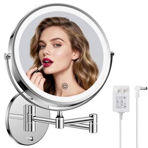FASCINATE Rechargeable Wall Mounted Makeup Mirror with Lights and Magnification, 8 Inch Double Sided 1X 10X Magnifying Bathroom Mirror with 3 Color Lights & 360° Rotation Vanity Mirror - Chrome