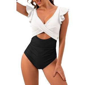 B2prity Women's One Piece Swimsuit Ruffle Cutout Bathing Suits Slimming Tummy Control V Neck Wrap Swimwear (Large, White,black)