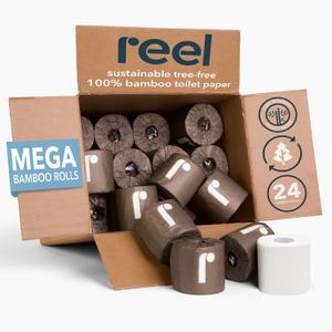 Reel Premium Bamboo Toilet Paper - 24 Rolls of Toilet Paper - 3-Ply Made From Tree-Free - Zero Plastic Packaging, Septic Safe