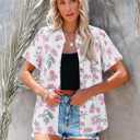 siliteelon Womens Button Down Shirts Short Sleeve Summer Linen V Neck Collared Hawaiian Floral Print Casual Blouse Tops (XS)