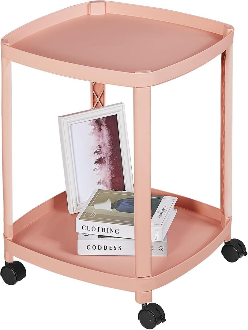 VECELO Rolling End Side Table with Lockable Wheels, 2‑Tier Plastic Mobile Sofa Side Table, Small Nightstand Storage Cart for Living Room Bedroom Bathroom, 1 PCS, Pink
