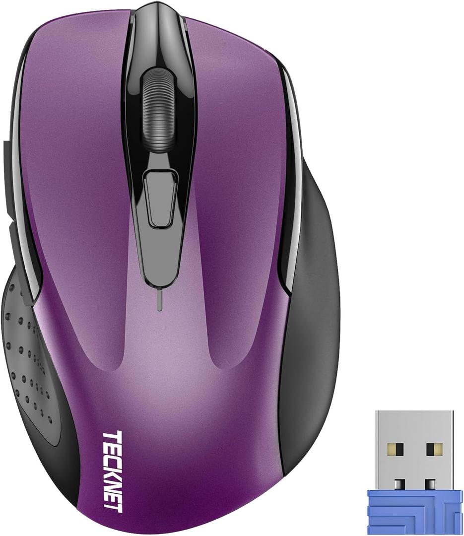 TECKNET Wireless Mouse, 2.4G Ergonomic Optical Mouse, Computer Mouse for Laptop, PC, Computer, Chromebook, Notebook, 6 Buttons, 24 Months Battery Life, 2600 DPI, 5 Adjustment Levels - Purple