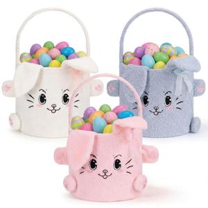 Mimorou 3 Pack Easter Basket Soft Plush Bunny Sherpa Personalized Bucket with Rabbit Ears Decorative Bow Large Bunny Tote Bags Ideal for Egg Hunt, Party Favors(White Pink and Blue)