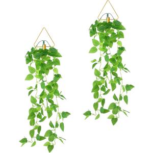 Jexine 2 Pcs Hanging Planters with Artificial Plants Metal Hanging Vase Indoor Plants Holder Modern Geometric Boho Wall Decor for Living Room Home Office (Gold, Pothos)