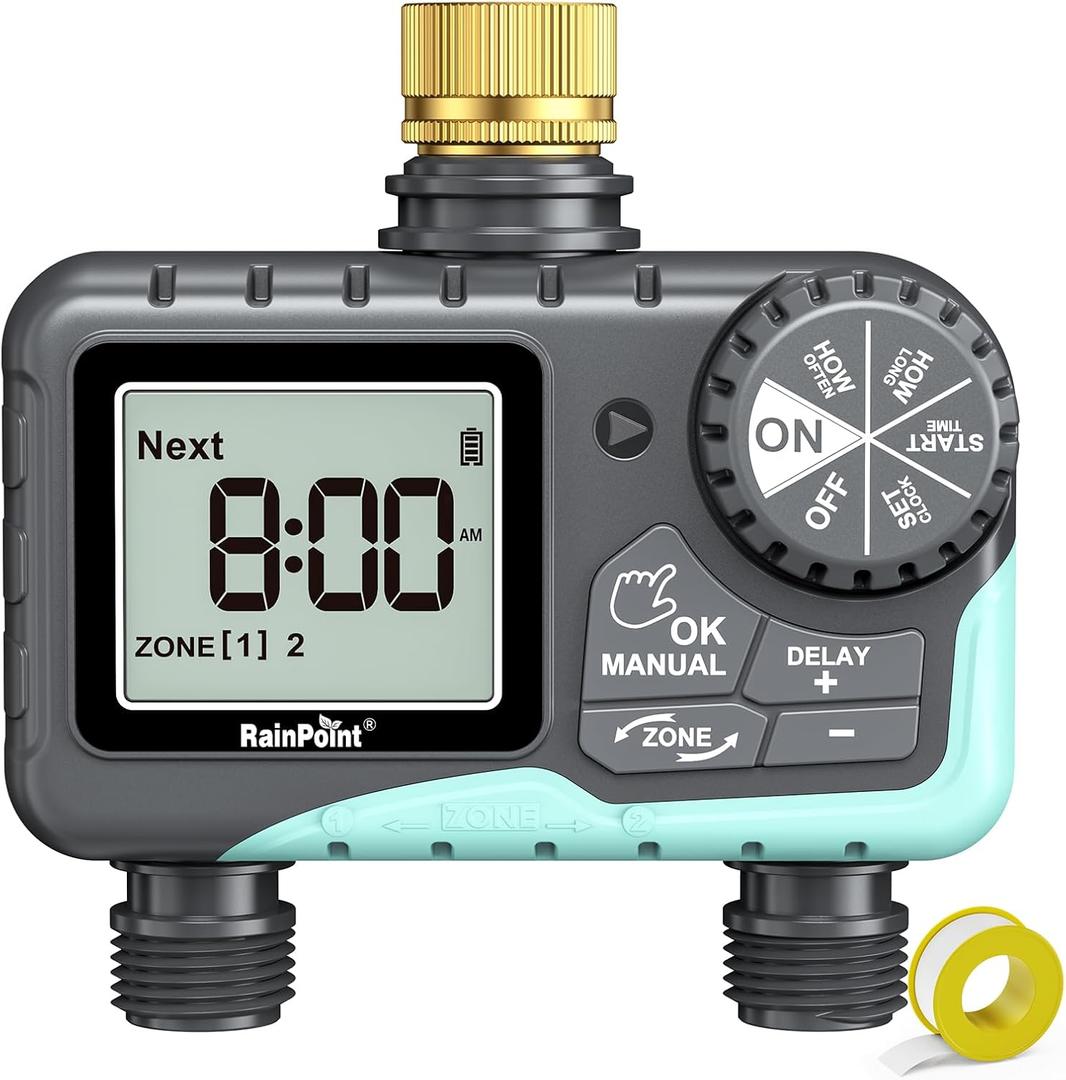 RAINPOINT Sprinkler Timer 2 Outlet, Water Timer for Garden Hose, for Yard Outdoor Watering, Rain Delay/Manual/Automatic System Controller Brass Inlet, V2 (1 pcs)