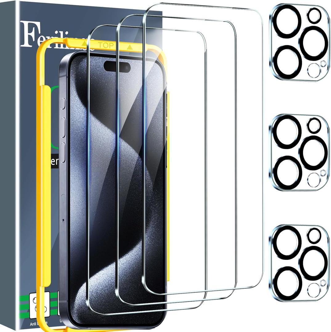 Ferilinso 3 Pack Screen Protector for iPhone 15 Pro Max, with 3 Pack Tempered Glass Camera Lens Protector, Phone Case Friendly Ultra Accessories Protector de Pantalla for Apple iPhone 15 Pro Max