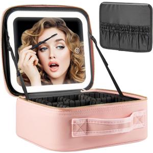 Makeup Travel Train Case with Mirror LED Light 3 Adjustable Brightness Large Cosmetic Bag Portable Storage Adjustable Partition Waterproof Makeup Brushes Make up Jewelry Gift for Women (Pink)