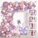 Amandir 153Pcs Purple Baby Shower Decorations for Girl, Double-stuffed Pink Purple Balloon Arch Kit Baby Boxes with Letter Foil Butterfly Balloons Sticker for Birthday Wedding Party Supplies
