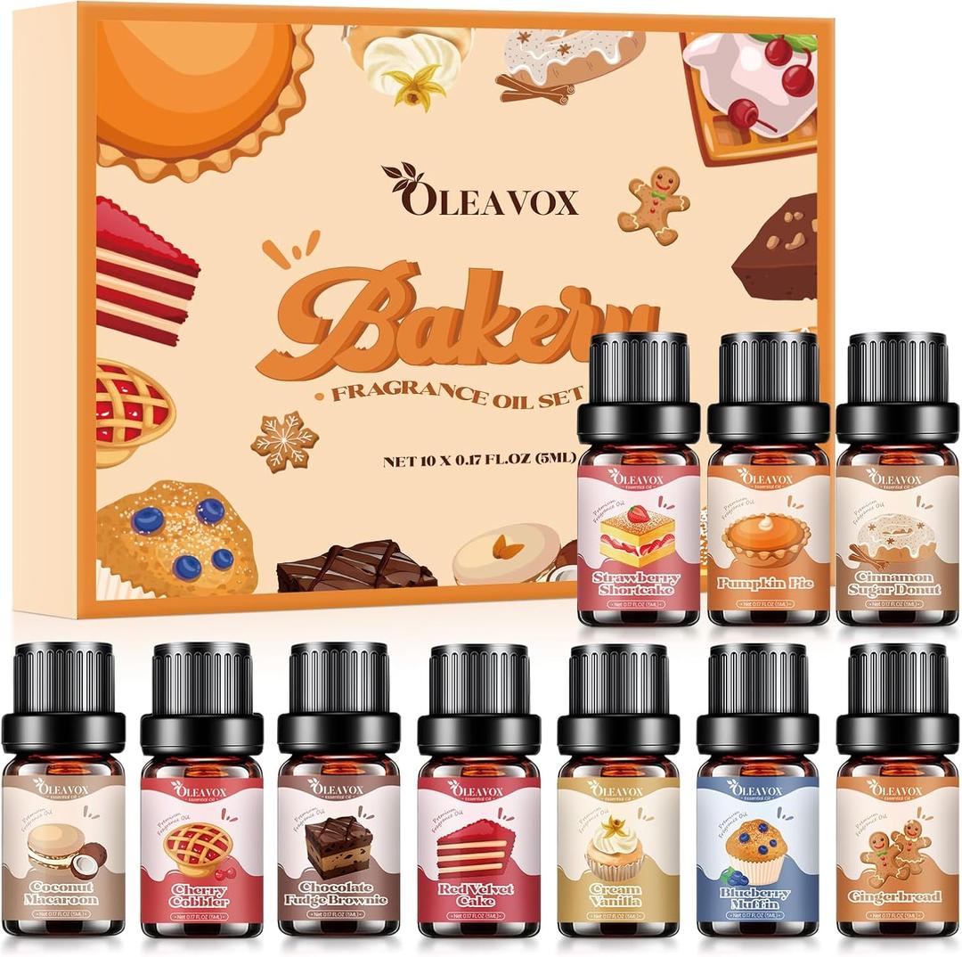 Bakery Essential Oils Set,Premium Fragrance Oil for Diffusers, Scents for Candle & Soap Making, Pumpkin Pie, Cream Vanilla, Gingerbread,Cinnamon Sugar Donut and Cake More 10x5ml,Aromatherapy Oils