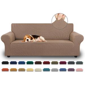 KEKUOU Stretch Sofa Cover Slipcover Couch Covers for 3 Cushion Couch Sofa pet Friendly (78"-94") Furniture Protector Sofa with Elastic Bottom for Kids,Dog, Jacquard Small Checked(Large,Camel)