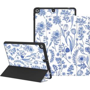 Case for iPad 9th/8th/7th Generation 2021/2020/2019 10.2 inch, Protective Slim Case with Pencil Holder, Auto Wake/Sleep Smart Cute Girly Cover 9th/8th/7th Gen for Women Girls, Blue Plant