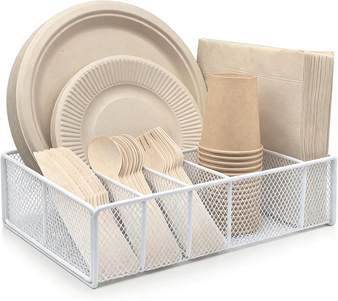 Metal Paper Plate Holder - Utensil Silverware Caddy for Kitchen Counter Cabinet Cutlery Flatware Organizer Storage Dispenser Box for Plastic Spoon Fork Plates Napkins Cup Party Camping White