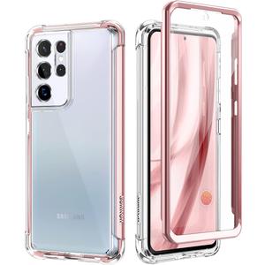 SURITCH for Samsung Galaxy S21 Ultra Clear Case 6.8", [Built-in Screen Protector] Full Body Protective Hard Shell+Soft TPU Phone Case for Samsung S21 Ultra -(Rose Gold Edge)