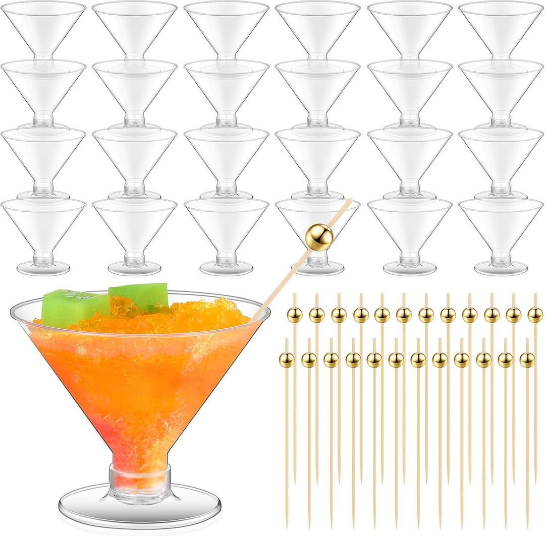 Baderke 24 Pack Plastic Martini Glasses with Gold Pearl Cocktail Picks Disposable Clear Mini Cocktail Cups Dessert Glasses for Wedding Party Wine Appetizers (Stemless 5 oz,Clear Base)