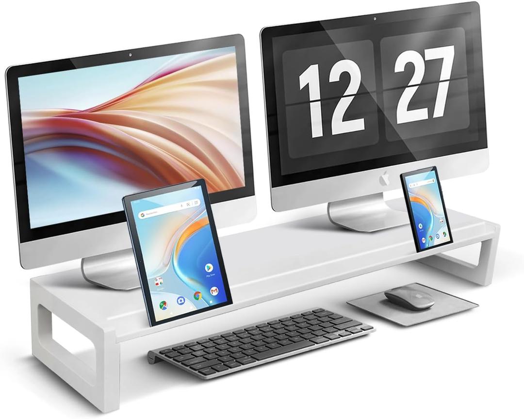 Dual Monitor Stand Riser  28-Inch Computer Monitor Stand with Multifunctional Slot for 2 Monitors, Multi-Purpose Desktop Storage for Laptop, Printer, TV