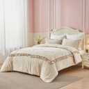 Simple&Opulence 100% Cotton Quilted Duvet Cover Set with Ruffle, 3 Pcs Muslin Gauze Comforter with Microfiber Filling, Shabby Chic Frill Farmhouse Rustic Handmade Stitching Bedding(Khaki, King)