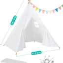 6 Pack Teepee Tent for Kids Sleepover Party Indoor, Gift Set with Inflatable Airbeds with Star Lights & Colored Flags, Washable & Foldable Toddler Slumber Party Tent for Girls & Boys, White, 6 Pack and Airbed