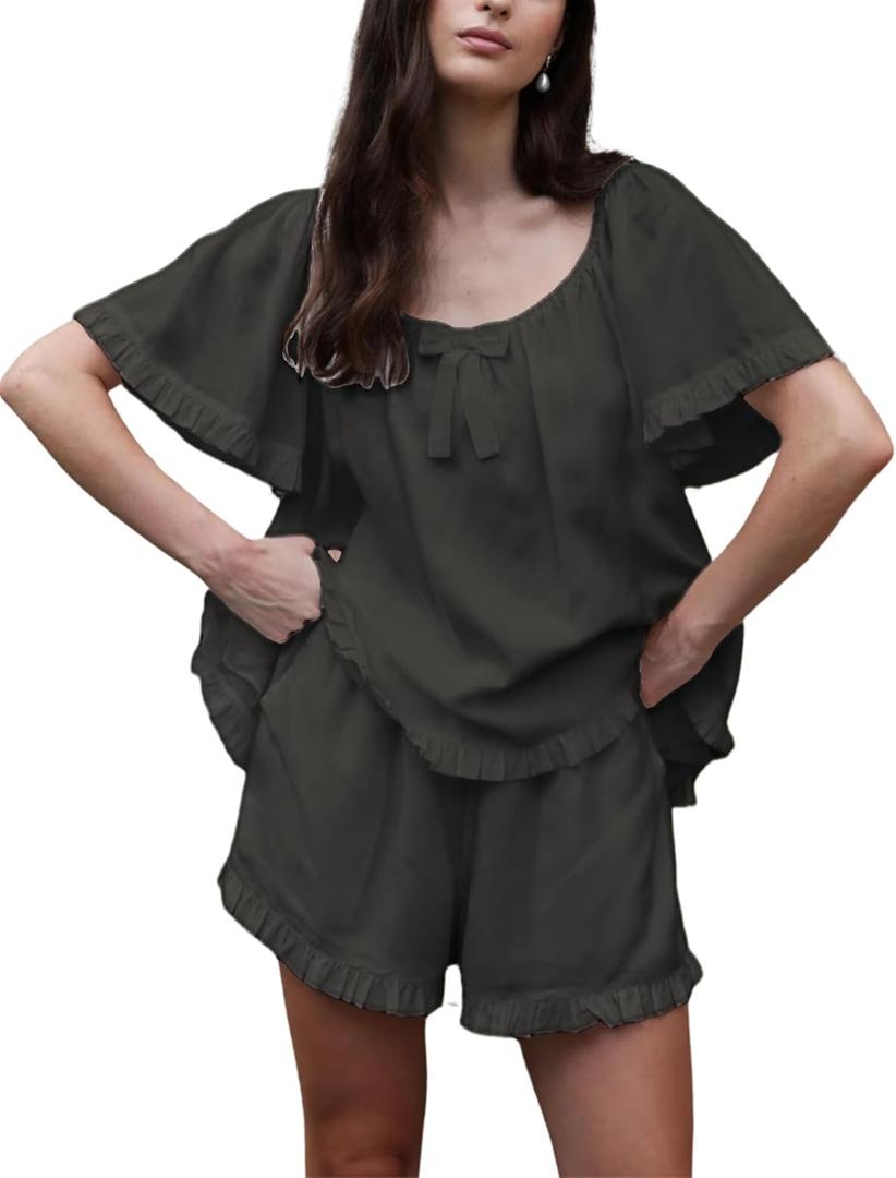 Esmeling Women Summer 2 Piece Pajamas Ruffled Short Sleeve Tops and Shorts Cute Bow Front Pajama Sets (Black, M) Esmeling Women Summer 2 Piece Pajamas Ruffled Short Sleeve Tops and Shorts Cute Bow Front Pajama Sets (Black, M)