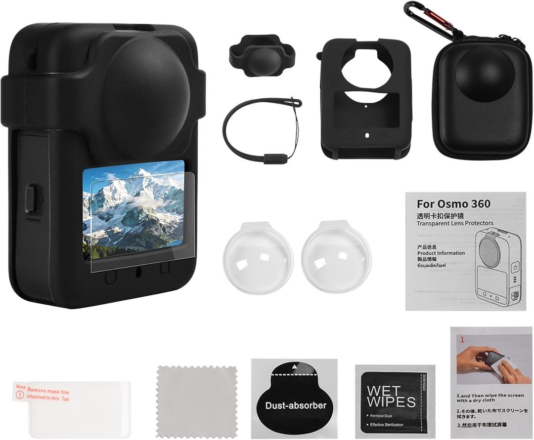 Camera Protective Kit Compatible with DJI Osmo 360 -Includes Lens Protector,Tempered Glass Screen Protector, Silicone Case with Lens Cover, Camera Bag with Metal Buckle