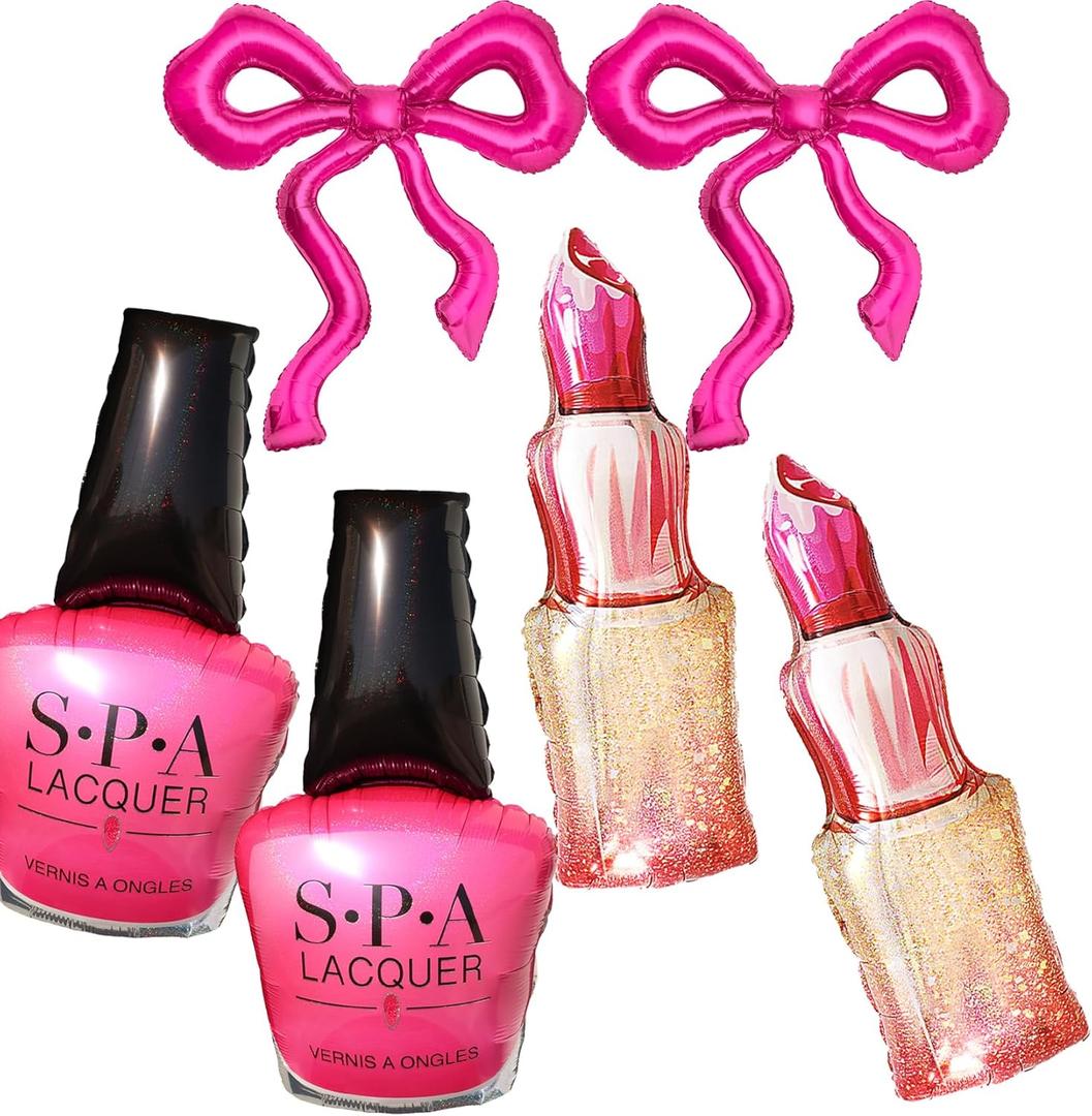Pack of 6 Spa Party Decoration Balloons/Nail Polish/LipStick/Hot Pink Bow Foil Balloons/Makeup Party Supplies/Babi Decorion/Pink Girl Party Balloons
