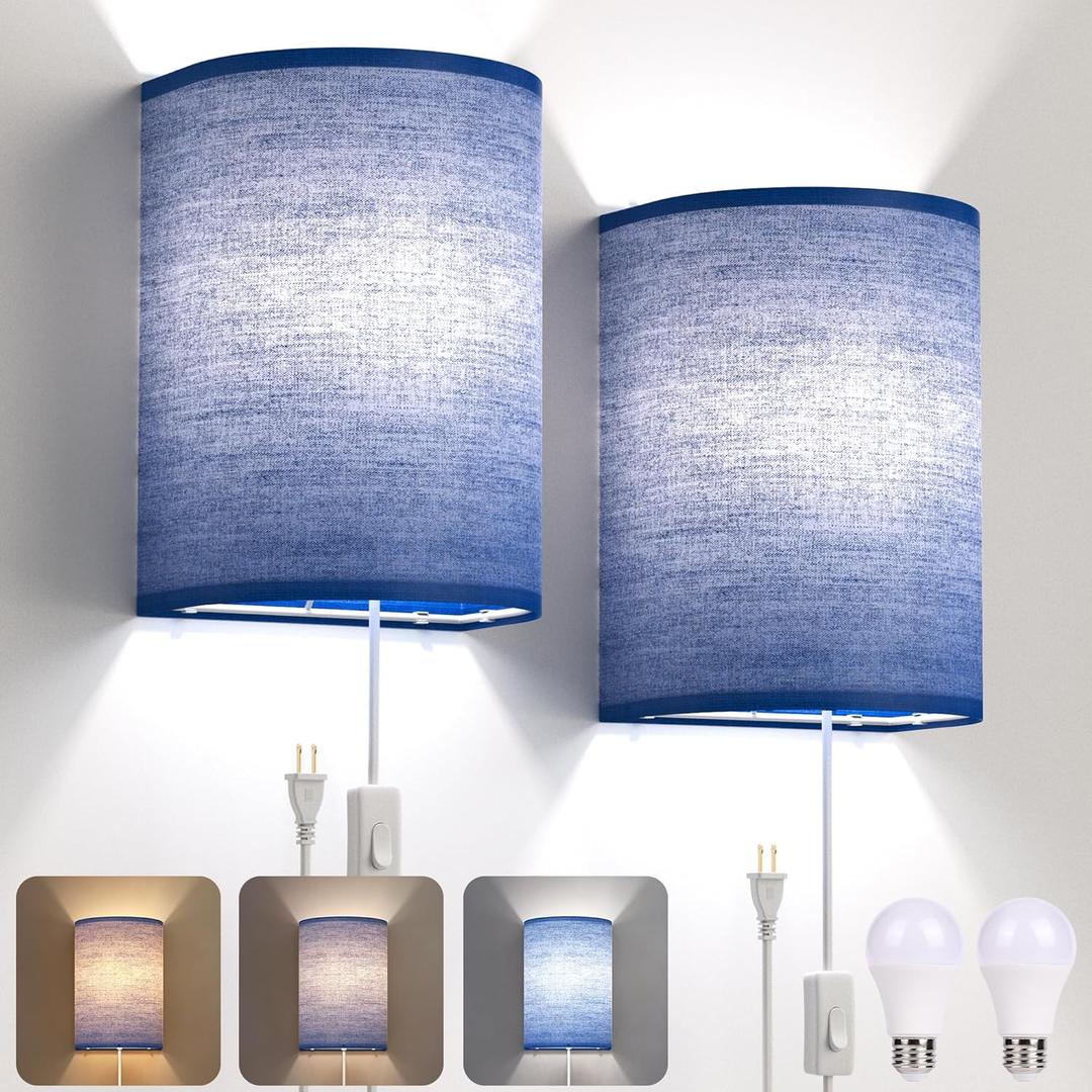 Plug in Wall Sconces Set of Two: Wall Lights with On/Off Switch - Stepless Color Temperature Wall Mount Lamps - Fabric Linen Wall Sconce for Bedroom Living Room & Hallway- Indoor Corded Wall Sconces (Blue)