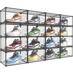 Transparent Plastic Storage Clear Shoe Display Case Box Organizer - Magnetic Side Open, 16PC (Black) (Black Aluminum Frame)