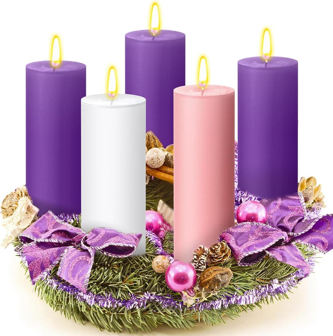 Cindeer 2 x 6 Inch Advent Candles Set of 5 Christmas Pillar Scented Advent Candle for Advent Wreaths Candle Holder Advent Votive Purple Pink Candles for Advent Seasonal Celebration Home Church