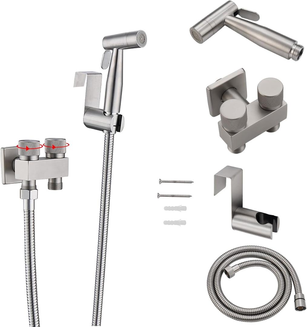 Handheld Bidet Sprayer for Toilet, Rzoeox 1-In-2-Out Dual Switch Valve with Water Pressure Control Sprayer for Feminine Wash Pet Shower Muslim Shower Cloth Diaper Set Toilet