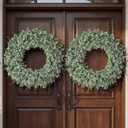 32'' Large Eucalyptus Wreath for Front Door, Porch- Artificial Eucalyptus and Lavender with Babys Breath Flowers Wreath for Home, Farmhouse Wall Decor- Spring, Summer, Fall, All Seasons (White-Green)
