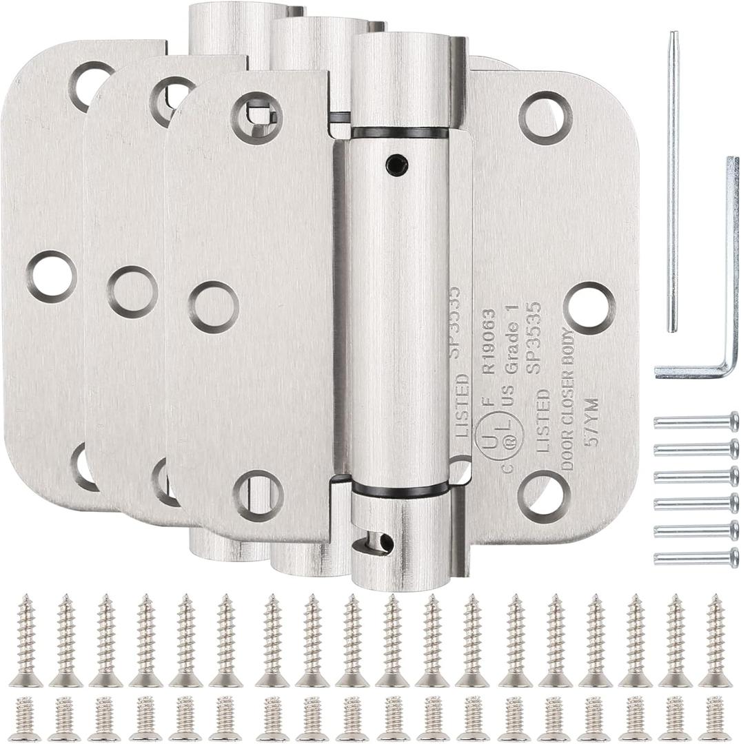 Automatic Self-Closing Door Hinges Satin Nickel 3.5 Inch,Spring Hinges 5/8" Radius Silver Heavy Duty 3 1/2" Hinges for Doors Interior Home,Cardboard Indoor Fire Door Hinges Brushed Nickel 3 Pack KIW