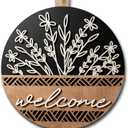 3D Welcome Sign for Front Door, 12" Round Wooden Boho Wreath | Rustic Wood Hanging Sign Decorations for Porch, Wall & Farmhouse. Housewarming Gifts for New Home, Outdoor Spring-Fall