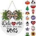 Interchangeable Wooden Seasonal Welcome Wreath, Rustic Round Dogs Front Door Wreaths for Home/Wall/Porch/Farmhouse Decor, for Easter Spring Summer Fall Halloween Christmas All Season Decorations (White)