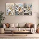 3Pcs Abstract Golden White Flower Wall Art Boho Gold Foil Blossom Canvas Oil Painting 2D Plane Textured Floral Wall Decor Nordic lily Posters Prints for Living Room Bedroom Office Pictures Unframed