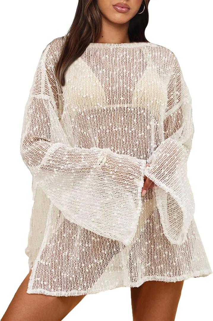 Gleeneat Crochet Swimsuit Coverup for Women Boat Neck Bathing Suit Cover Up 2026 Summer Sexy Beach Caftan Dress, Size: Small