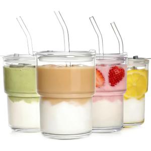 15oz Tumbler Water Glass Cups with Straw and Lid, Reusable Iced Coffee Cups,Sealed Carry-On Glass Tumbler for Travel Party and Outdoor(2PCS)