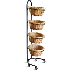DS THE DISPLAY STORE 4 Tier Retail Display Stand with Wheels & Sign Clips, Brown Metal Market Display Rack Basket Stand, Farmers Market Display with Willow Baskets