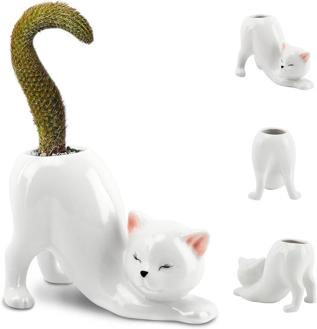 Ceramic Cat Planter Pot for Succulents and Cactus, Small Indoor Kitty Flower Pot with Drainage Hole, 5.71 x 2.95 x 3.86 in, Cute Desk Shelf Home Office Decor, White