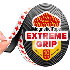 Super Sticky Magnetic Tape (10 feet x 1/2 inch) - Stong Magnet Strip with Adhesive Backing for DIY & Crafts - Easy to Cut and Mount on Fridges, Whiteboards & More, 2 Pack