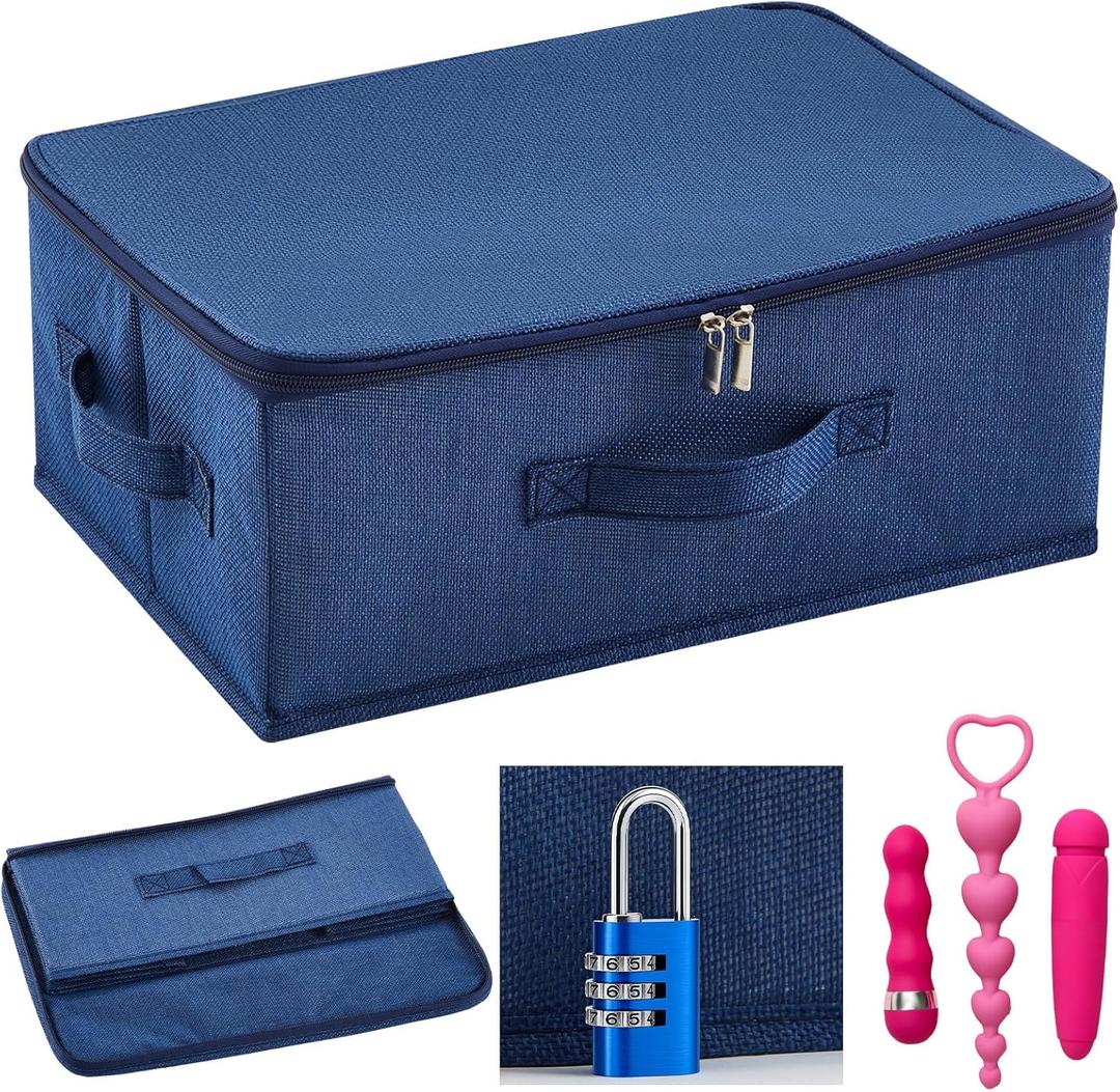Briwooody Discreet Lockable Toy Bag Storage Organizer Toy Bag Storage Bins Case with Zipper Lid for Women and Men Clothes Container(Dark Blue,15 x 10 x 6.3 Inch)