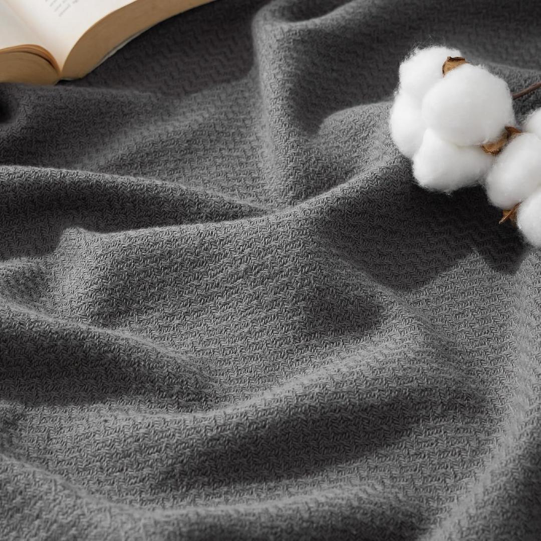 Bedsure GentleSoft 100% Cotton Blanket King Size for Bed - Breathable and Lightweight, Soft Cozy Textured Herringbone Woven Blanket for Summer, Dark Grey, 108x90 inches