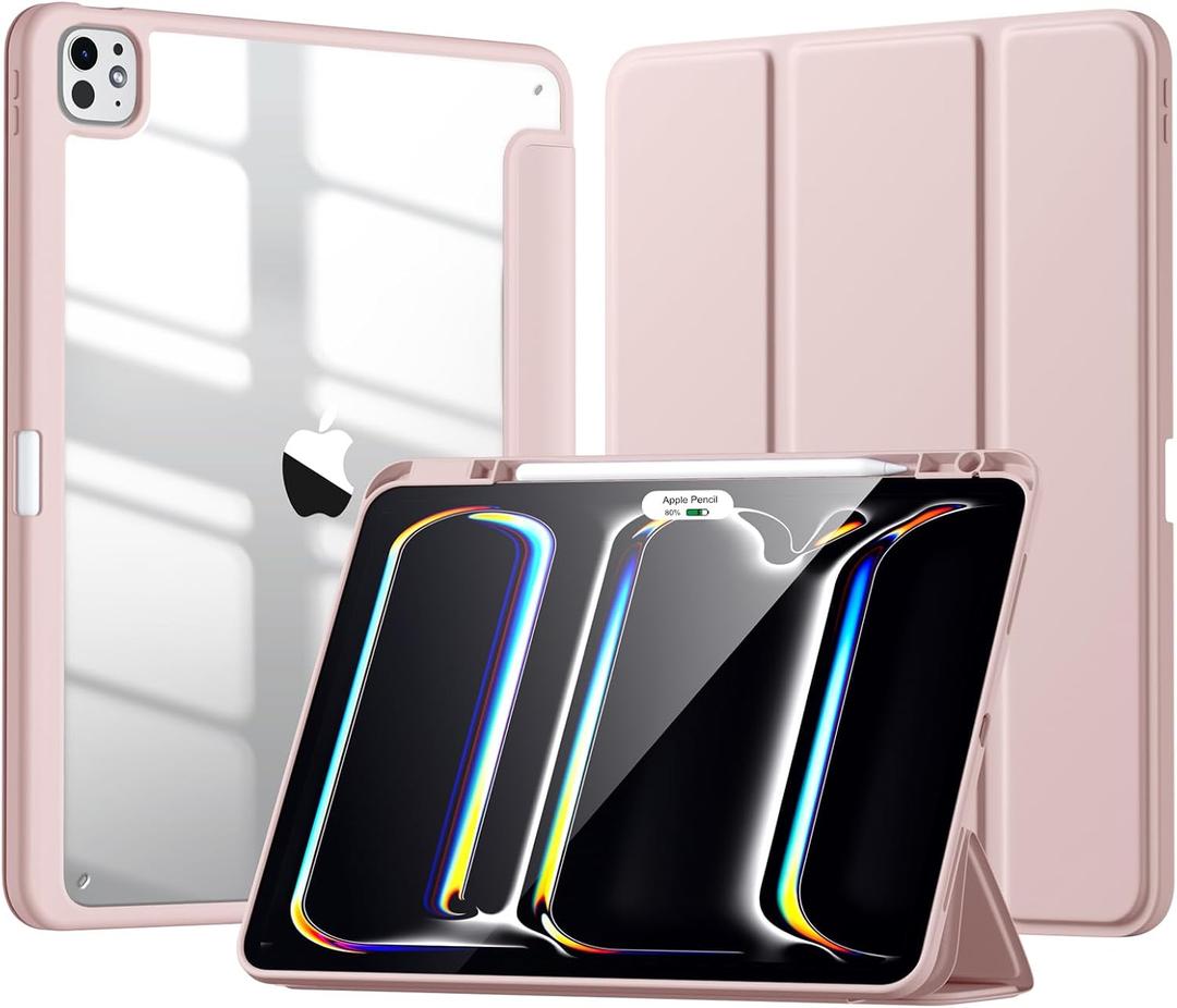 New Compatible with iPad Pro 13 inch Case M5 2025/M4 2024 with Built-in Pencil Holder, Kidopire for iPad Pro 13 Case with Hard Clear Back Shell, Support Pencil Pro & Pencil USB-C, Auto Wake/Sleep,Pink